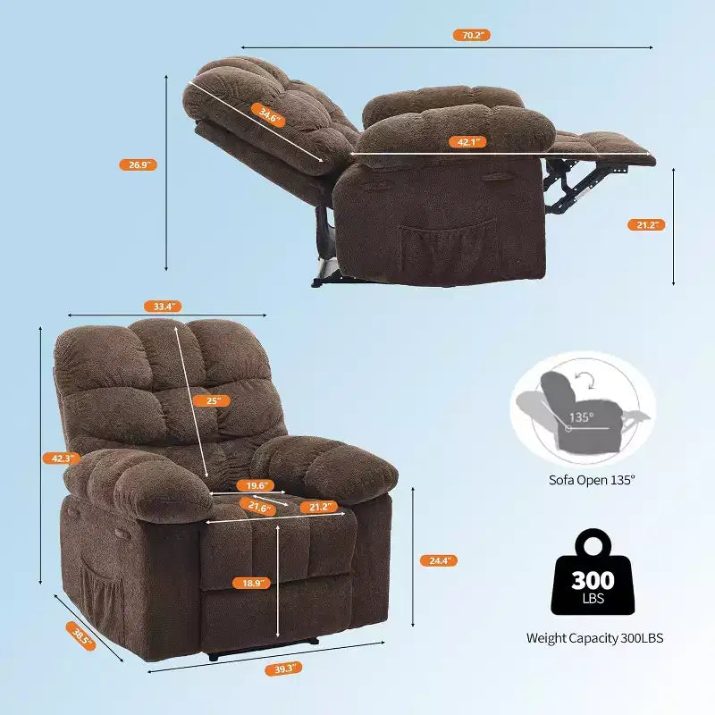 Fauteuil inclinable manuel, design ergonomique rembourré avec tissu respirant et poches latérales de rangement, pour le salon