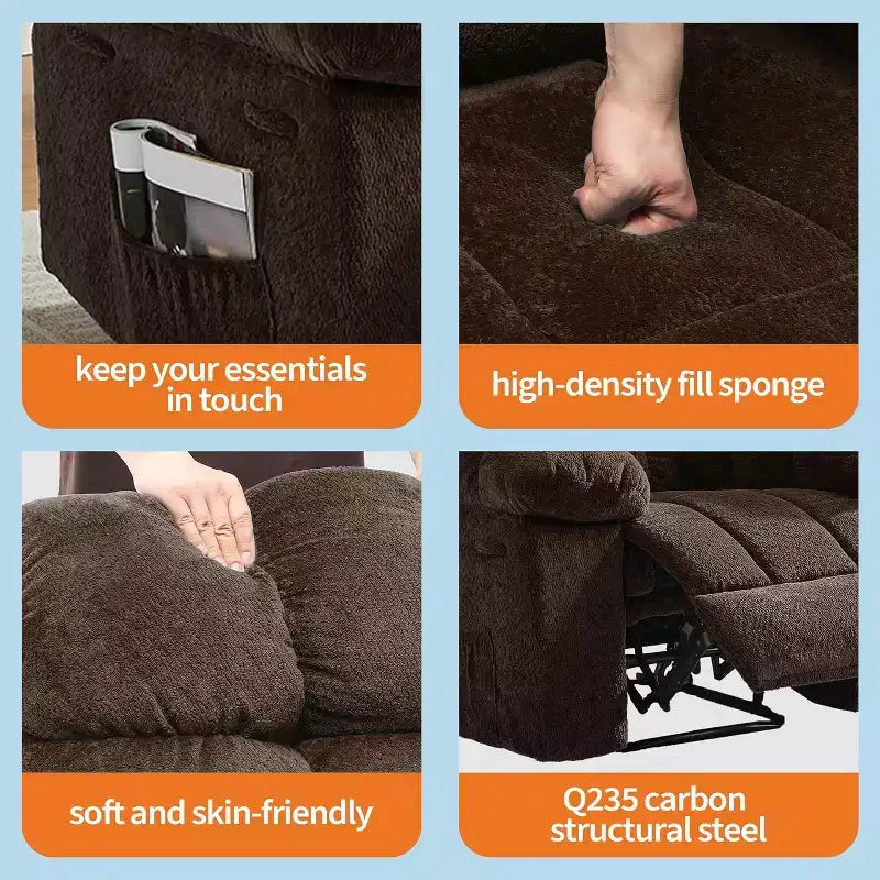Fauteuil inclinable manuel, design ergonomique rembourré avec tissu respirant et poches latérales de rangement, pour le salon