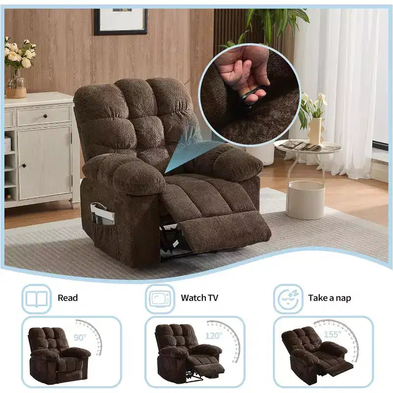 Fauteuil inclinable manuel, design ergonomique rembourré avec tissu respirant et poches latérales de rangement, pour le salon