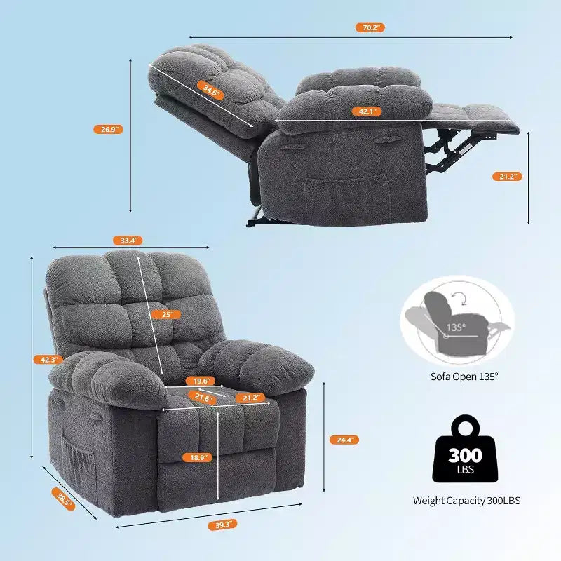 Fauteuil inclinable manuel, design ergonomique rembourré avec tissu respirant et poches latérales de rangement, pour le salon
