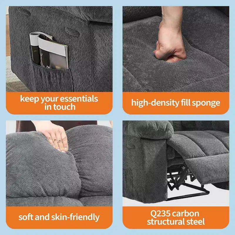 Fauteuil inclinable manuel, design ergonomique rembourré avec tissu respirant et poches latérales de rangement, pour le salon