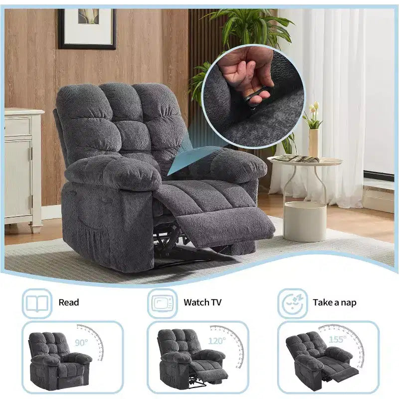 Fauteuil inclinable manuel, design ergonomique rembourré avec tissu respirant et poches latérales de rangement, pour le salon