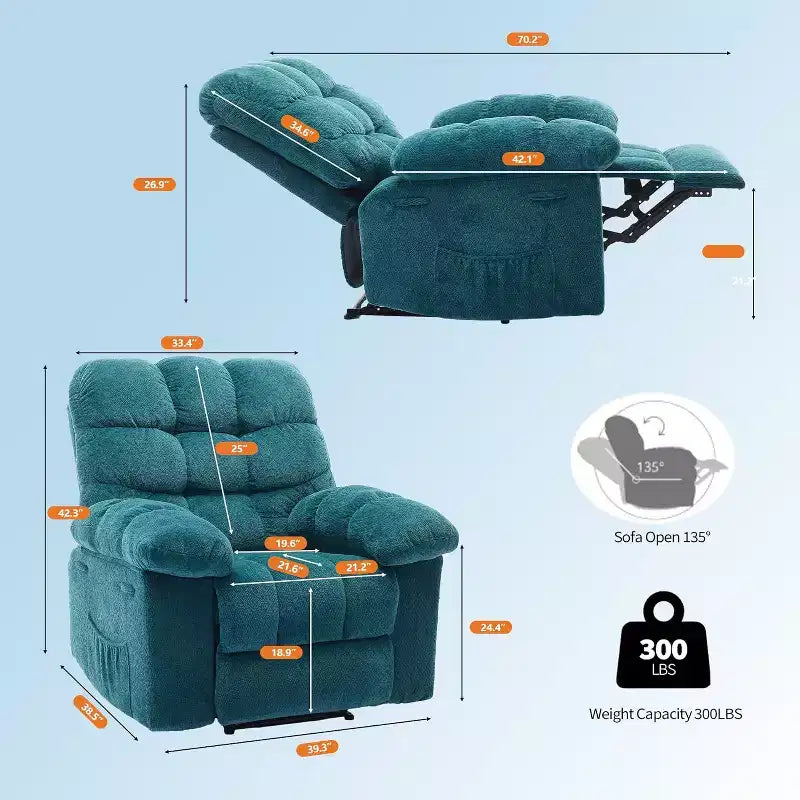 Fauteuil inclinable manuel, design ergonomique rembourré avec tissu respirant et poches latérales de rangement, pour le salon