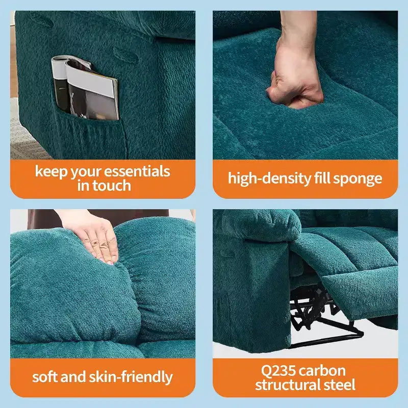 Fauteuil inclinable manuel, design ergonomique rembourré avec tissu respirant et poches latérales de rangement, pour le salon