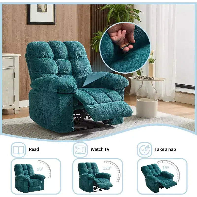 Fauteuil inclinable manuel, design ergonomique rembourré avec tissu respirant et poches latérales de rangement, pour le salon