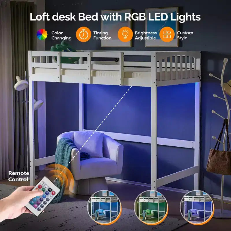 Lit superposé double en bois avec station de recharge/LED, barreaux plats, garde-corps de 15 pouces de haut, support à lattes en bois sans sommier tapissier, blanc