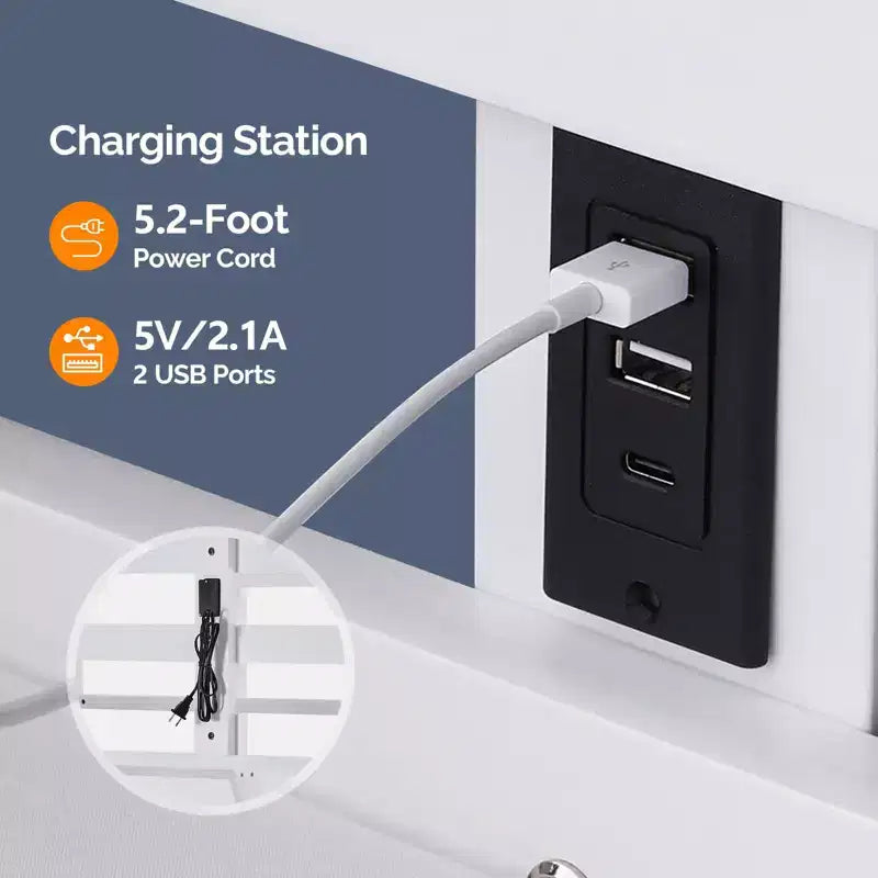 Lit superposé double en bois avec station de recharge/LED, barreaux plats, garde-corps de 15 pouces de haut, support à lattes en bois sans sommier tapissier, blanc