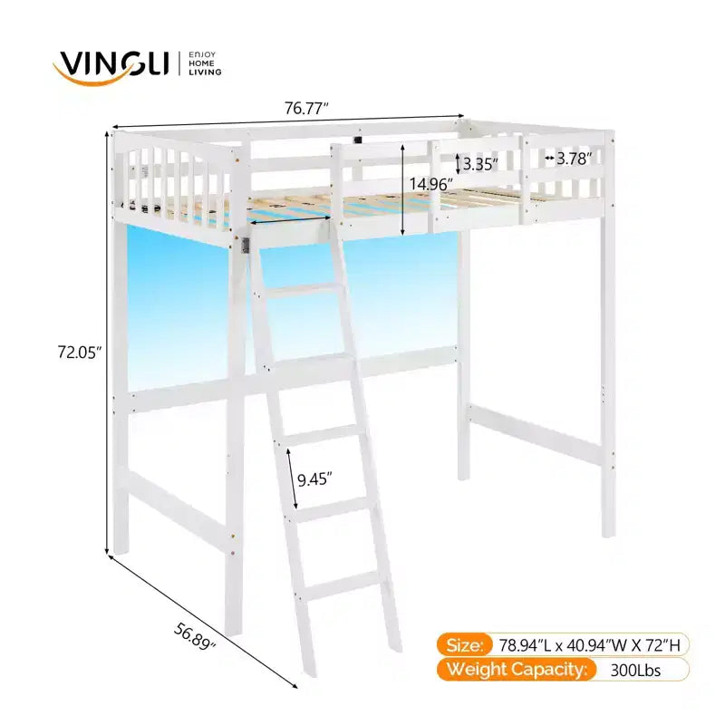 Lit superposé double en bois avec station de recharge/LED, barreaux plats, garde-corps de 15 pouces de haut, support à lattes en bois sans sommier tapissier, blanc