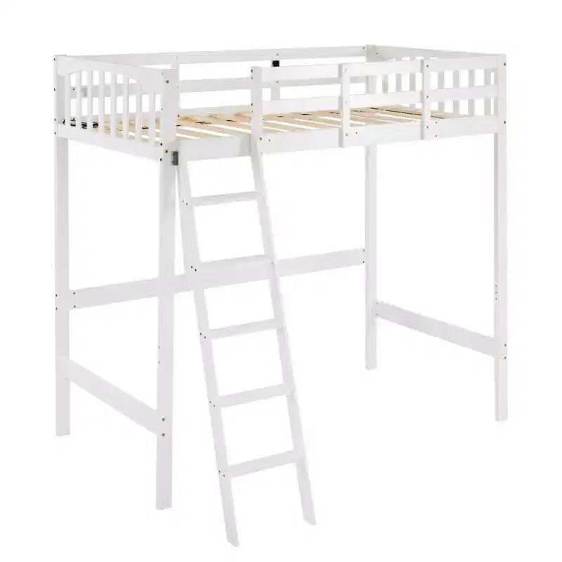 Lit superposé double en bois avec station de recharge/LED, barreaux plats, garde-corps de 15 pouces de haut, support à lattes en bois sans sommier tapissier, blanc