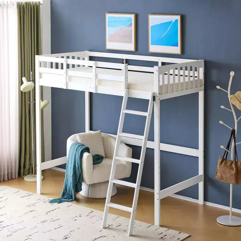 Lit superposé double en bois avec station de recharge/LED, barreaux plats, garde-corps de 15 pouces de haut, support à lattes en bois sans sommier tapissier, blanc