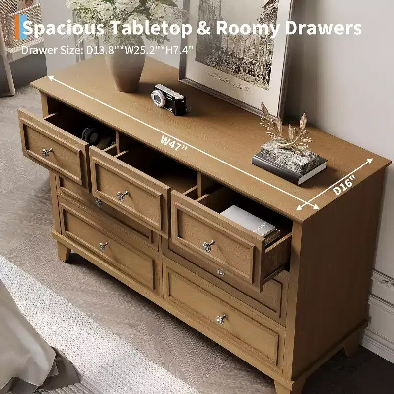 Meuble TV et commode à 7 tiroirs, buffet long et moderne avec poignées vintage et rangement profond pour le salon, la chambre, le couloir