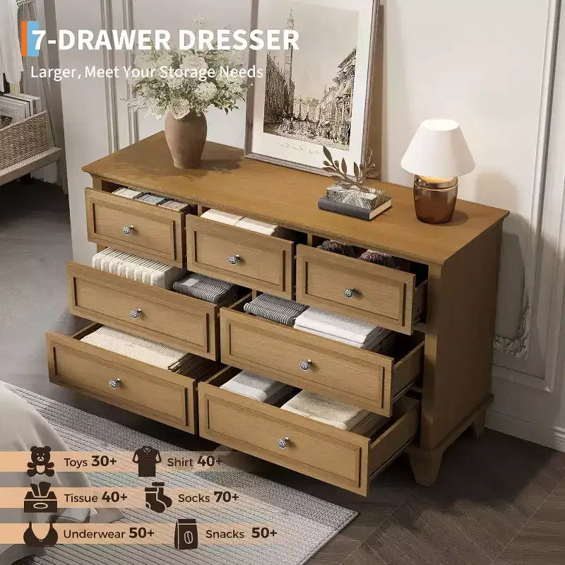 Meuble TV et commode à 7 tiroirs, buffet long et moderne avec poignées vintage et rangement profond pour le salon, la chambre, le couloir