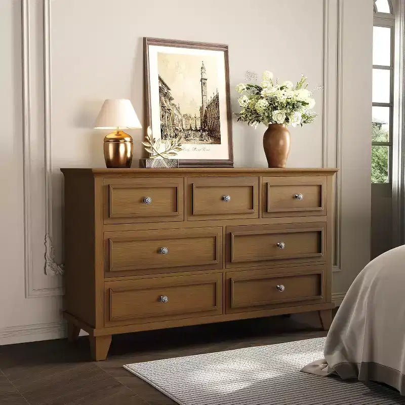Meuble TV et commode à 7 tiroirs, buffet long et moderne avec poignées vintage et rangement profond pour le salon, la chambre, le couloir