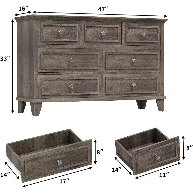 Meuble TV et commode à 7 tiroirs, buffet long et moderne avec poignées vintage et rangement profond pour le salon, la chambre, le couloir