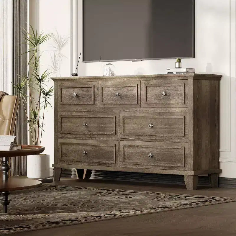 Meuble TV et commode à 7 tiroirs, buffet long et moderne avec poignées vintage et rangement profond pour le salon, la chambre, le couloir