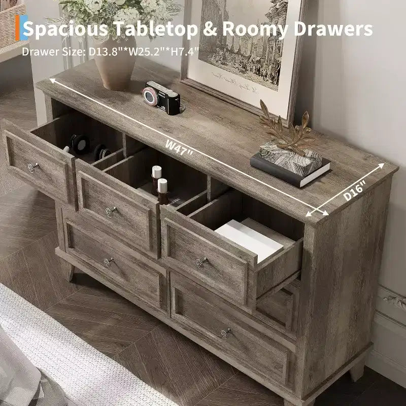 Meuble TV et commode à 7 tiroirs, buffet long et moderne avec poignées vintage et rangement profond pour le salon, la chambre, le couloir