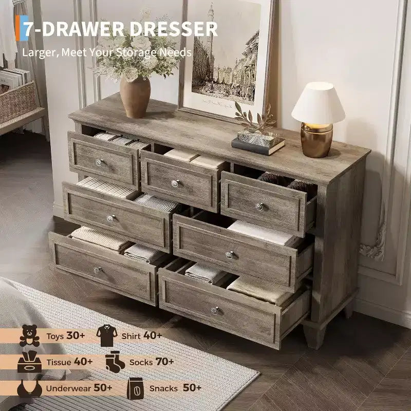 Meuble TV et commode à 7 tiroirs, buffet long et moderne avec poignées vintage et rangement profond pour le salon, la chambre, le couloir