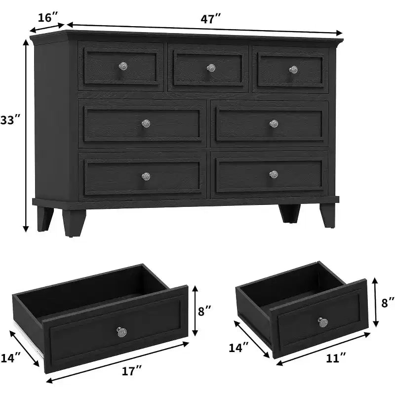 Meuble TV et commode à 7 tiroirs, buffet long et moderne avec poignées vintage et rangement profond pour le salon, la chambre, le couloir