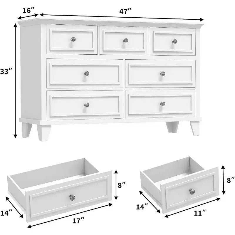 Meuble TV et commode à 7 tiroirs, buffet long et moderne avec poignées vintage et rangement profond pour le salon, la chambre, le couloir