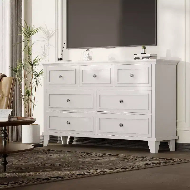 Meuble TV et commode à 7 tiroirs, buffet long et moderne avec poignées vintage et rangement profond pour le salon, la chambre, le couloir