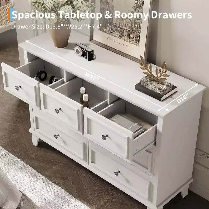 Meuble TV et commode à 7 tiroirs, buffet long et moderne avec poignées vintage et rangement profond pour le salon, la chambre, le couloir