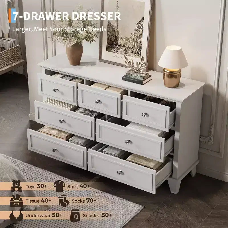 Meuble TV et commode à 7 tiroirs, buffet long et moderne avec poignées vintage et rangement profond pour le salon, la chambre, le couloir
