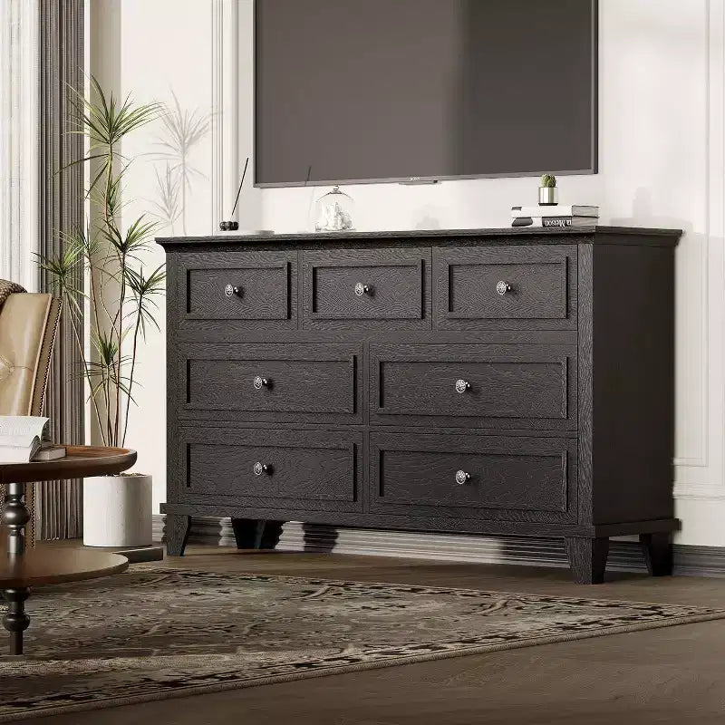 Meuble TV et commode à 7 tiroirs, buffet long et moderne avec poignées vintage et rangement profond pour le salon, la chambre, le couloir