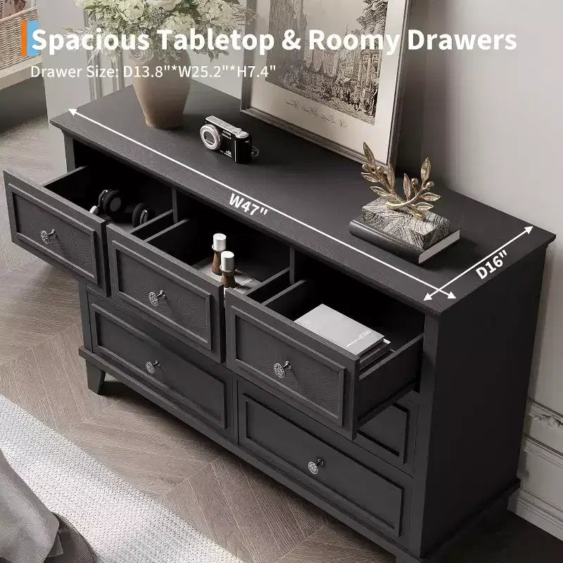 Meuble TV et commode à 7 tiroirs, buffet long et moderne avec poignées vintage et rangement profond pour le salon, la chambre, le couloir
