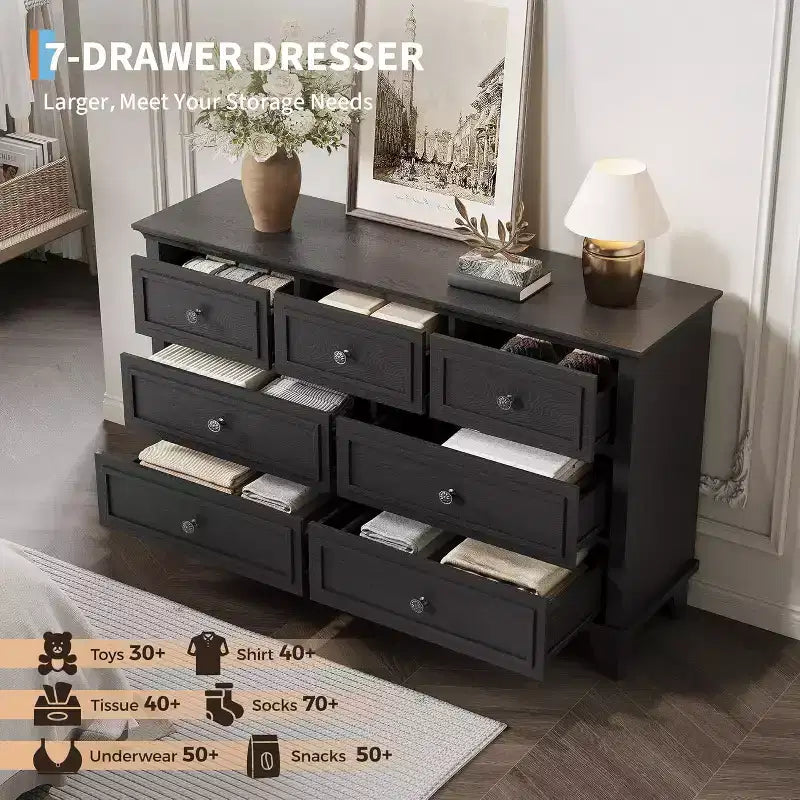 Meuble TV et commode à 7 tiroirs, buffet long et moderne avec poignées vintage et rangement profond pour le salon, la chambre, le couloir