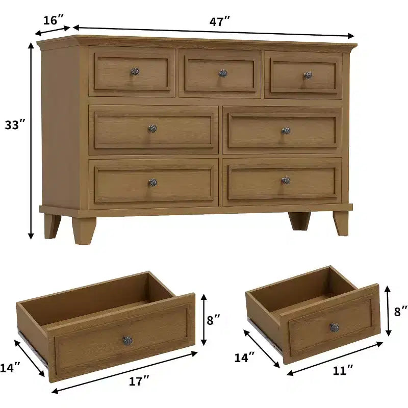 Meuble TV et commode à 7 tiroirs, buffet long et moderne avec poignées vintage et rangement profond pour le salon, la chambre, le couloir