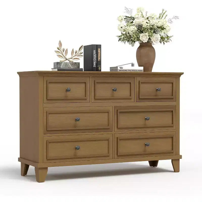 Meuble TV et commode à 7 tiroirs, buffet long et moderne avec poignées vintage et rangement profond pour le salon, la chambre, le couloir