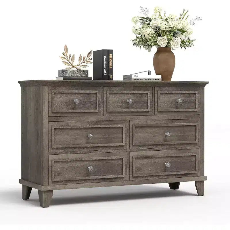 Meuble TV et commode à 7 tiroirs, buffet long et moderne avec poignées vintage et rangement profond pour le salon, la chambre, le couloir