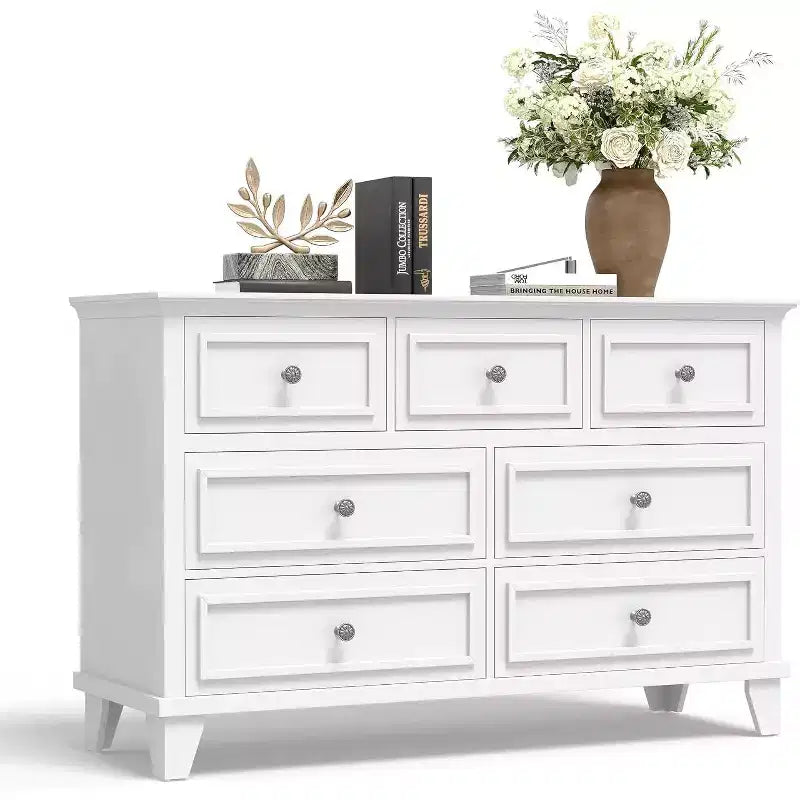 Meuble TV et commode à 7 tiroirs, buffet long et moderne avec poignées vintage et rangement profond pour le salon, la chambre, le couloir