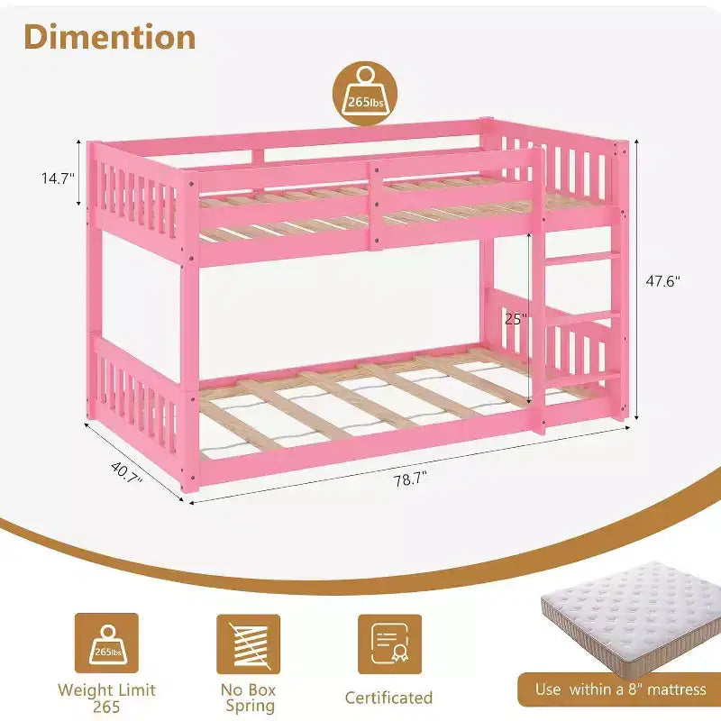 Lit superposé jumeau bas pour enfants/juniors, cadre de lit superposé double en bois avec garde-corps et échelle pour garçons filles, matelas non inclus