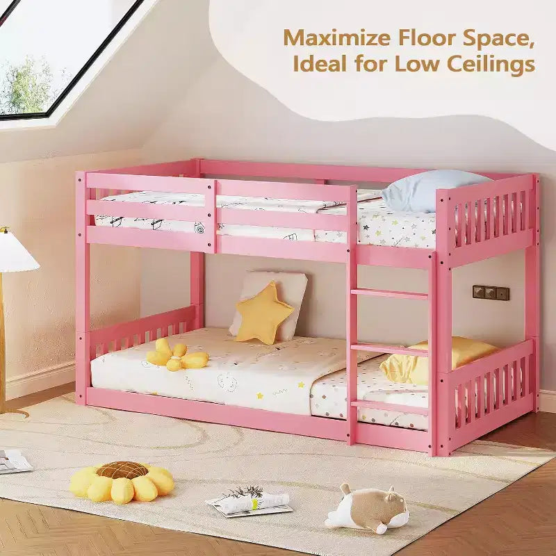 Lit superposé jumeau bas pour enfants/juniors, cadre de lit superposé double en bois avec garde-corps et échelle pour garçons filles, matelas non inclus