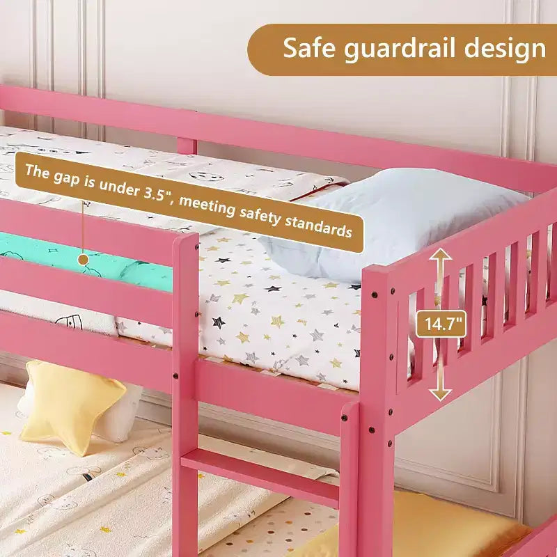Lit superposé jumeau bas pour enfants/juniors, cadre de lit superposé double en bois avec garde-corps et échelle pour garçons filles, matelas non inclus