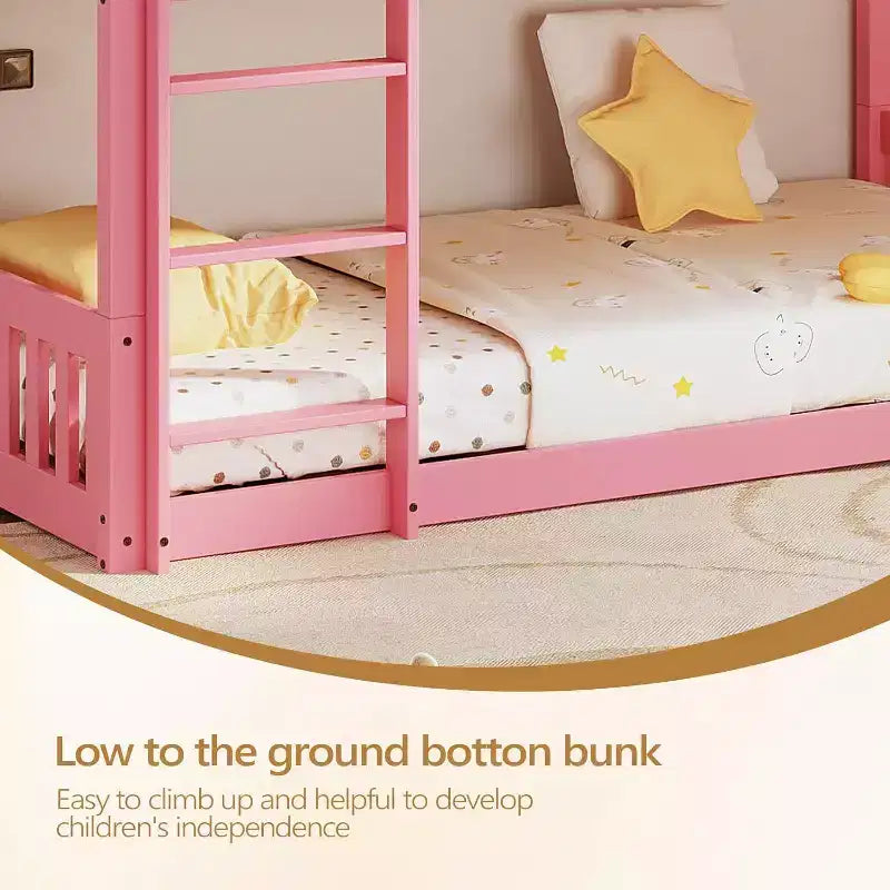 Lit superposé jumeau bas pour enfants/juniors, cadre de lit superposé double en bois avec garde-corps et échelle pour garçons filles, matelas non inclus