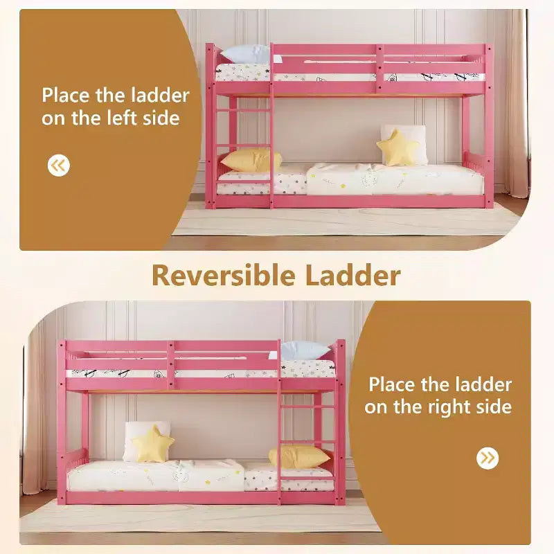 Lit superposé jumeau bas pour enfants/juniors, cadre de lit superposé double en bois avec garde-corps et échelle pour garçons filles, matelas non inclus