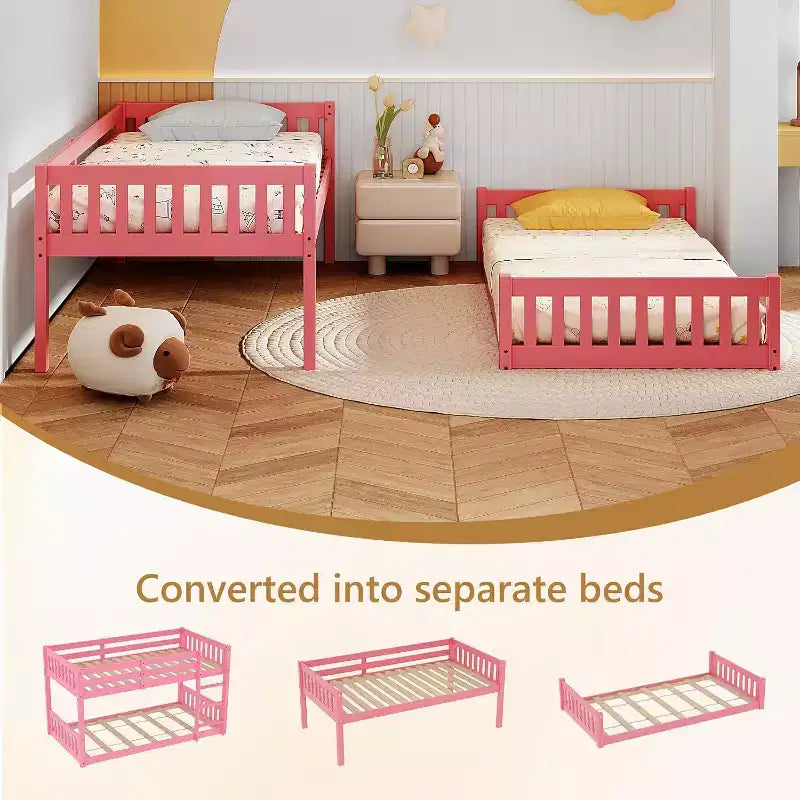 Lit superposé jumeau bas pour enfants/juniors, cadre de lit superposé double en bois avec garde-corps et échelle pour garçons filles, matelas non inclus