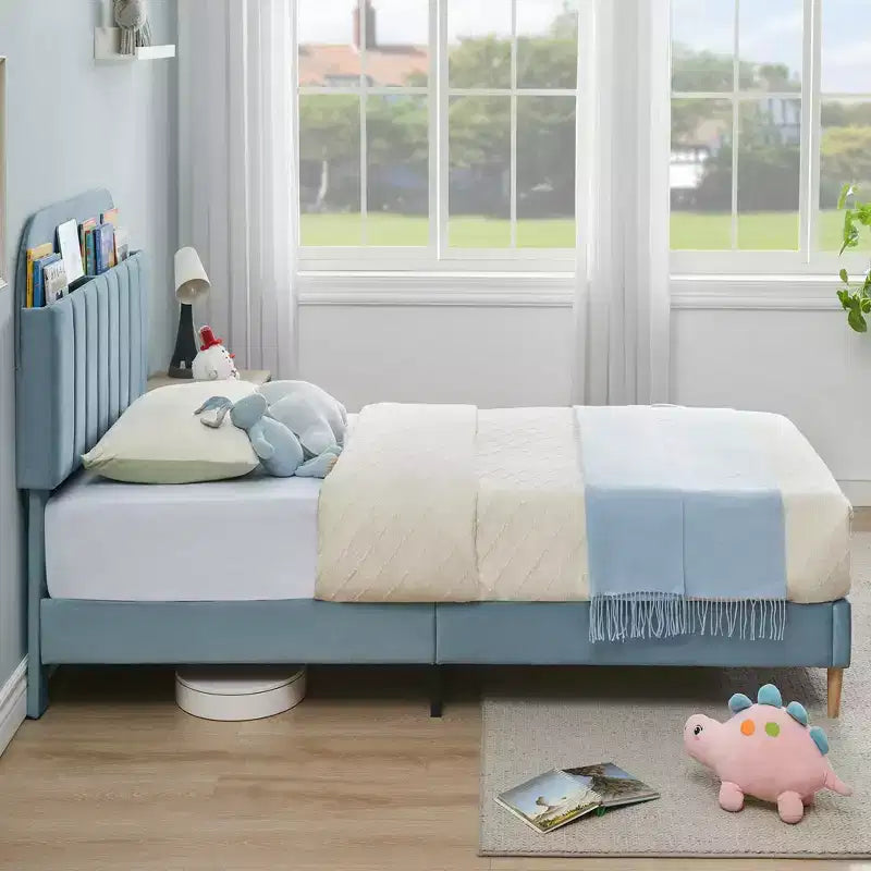 Cadre de lit jumeau, Cadre de lit plateforme en velours avec tête de lit et lattes en bois solides, Aucun sommier tapissier requis/Silencieux/Facile à assembler, Rose