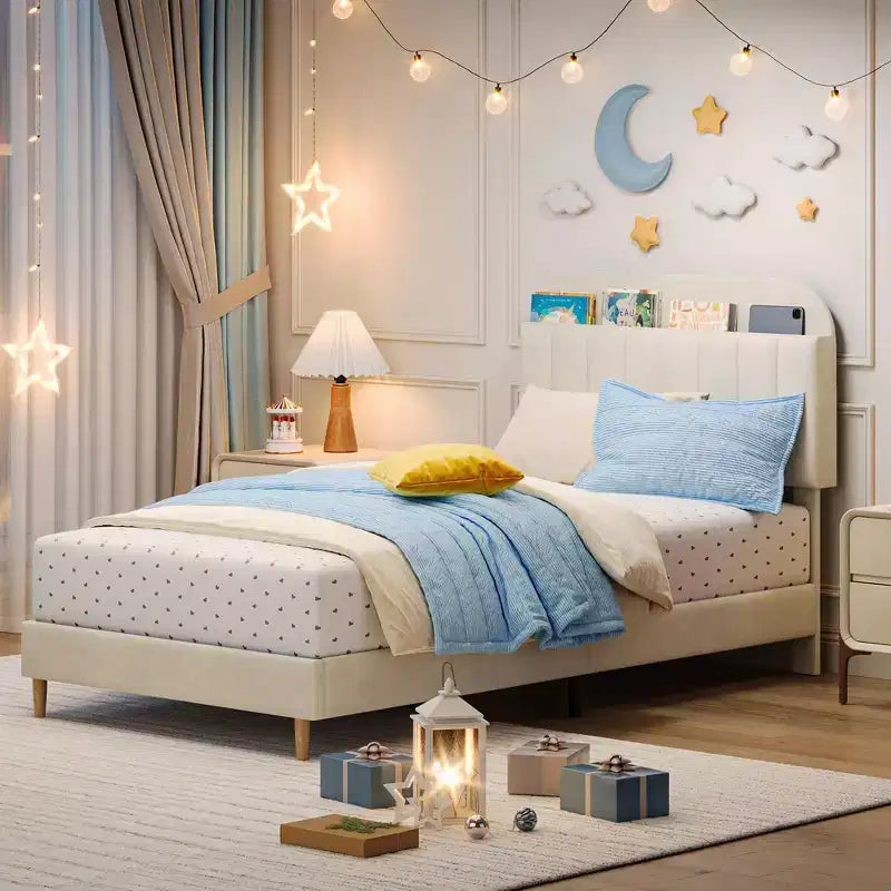 Twin Bed Frames, Velvet Upholstered Platform Bed Frame with Headboard and Strong Wooden Slats, No Box Spring Needed/Noise-Free/Easy Assembly, Pink