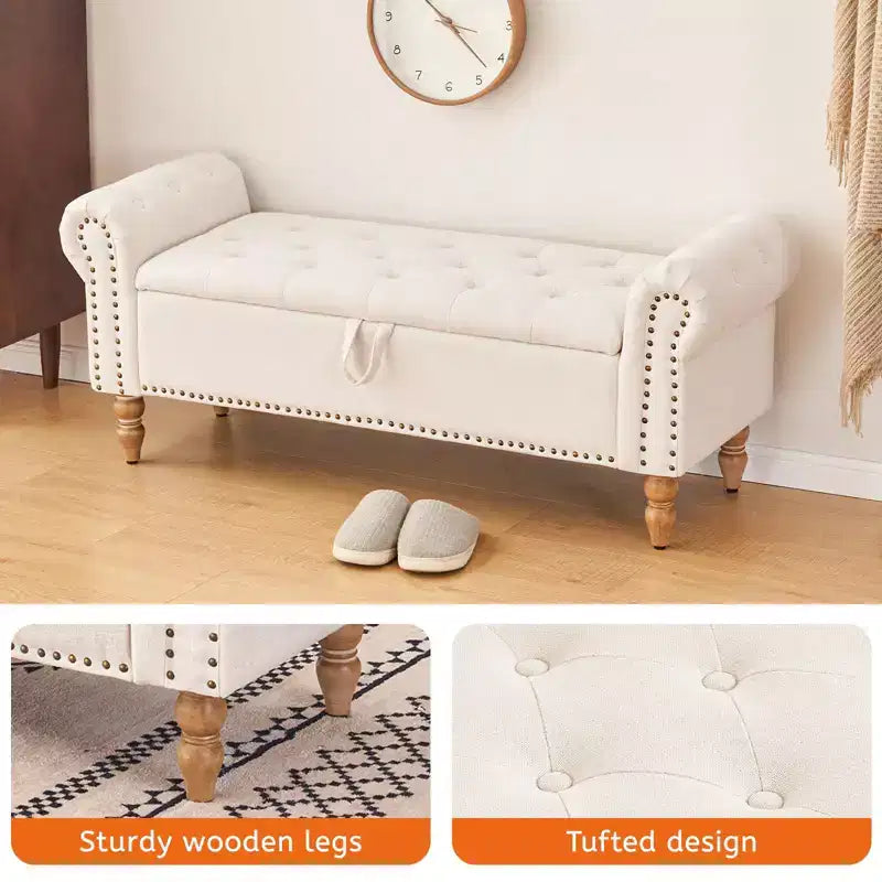 Banc coffre capitonné en lin avec rangement, pour chambre/entrée/salon