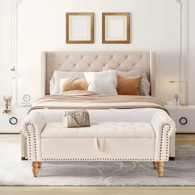 Banc coffre capitonné en lin avec rangement, pour chambre/entrée/salon