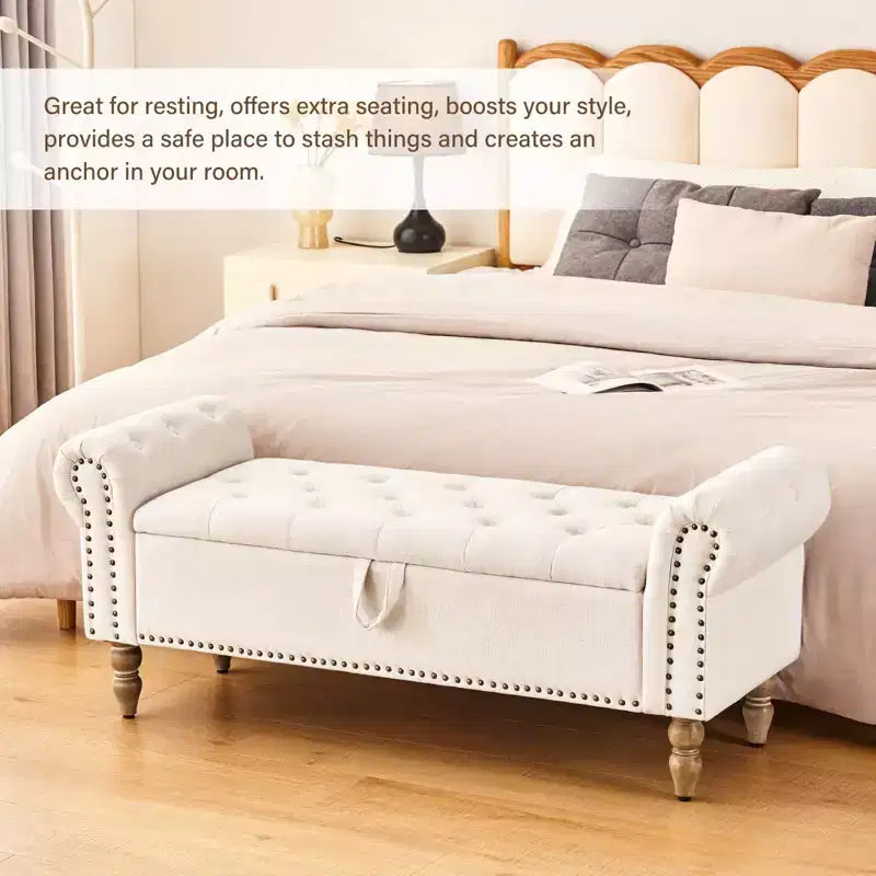 Banc coffre capitonné en lin avec rangement, pour chambre/entrée/salon