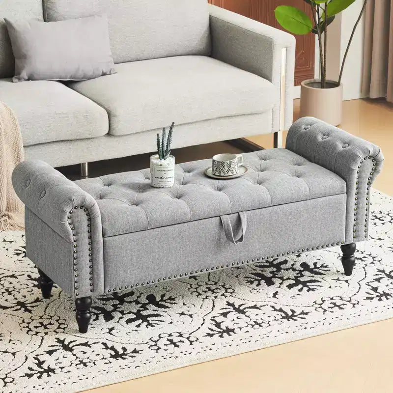 Banc coffre capitonné en lin avec rangement, pour chambre/entrée/salon