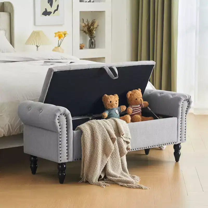 Banc coffre capitonné en lin avec rangement, pour chambre/entrée/salon