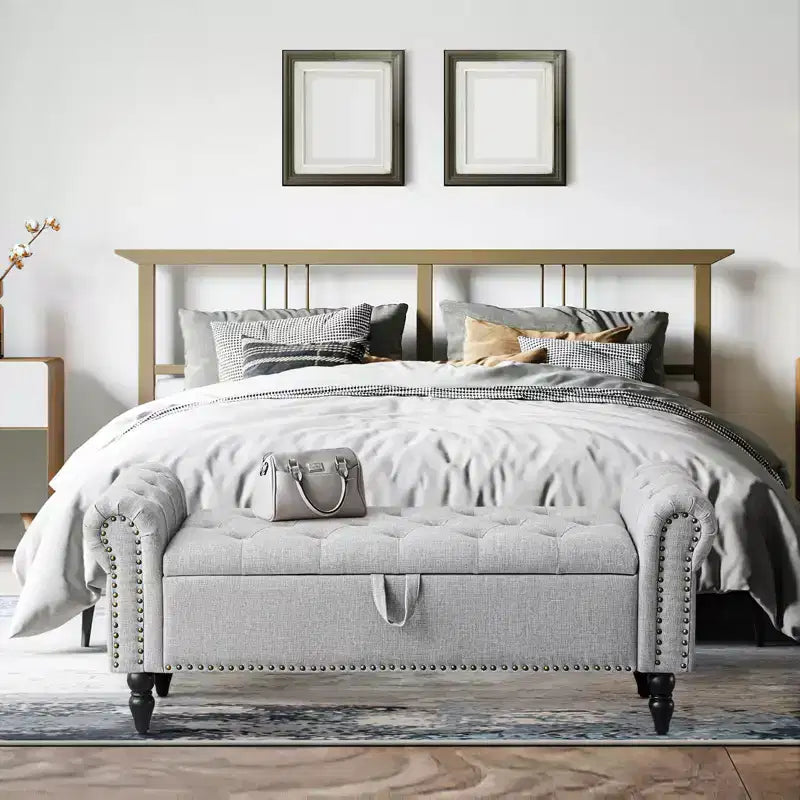 Banc coffre capitonné en lin avec rangement, pour chambre/entrée/salon