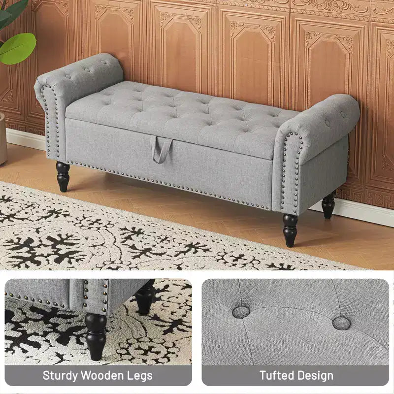 Banc coffre capitonné en lin avec rangement, pour chambre/entrée/salon