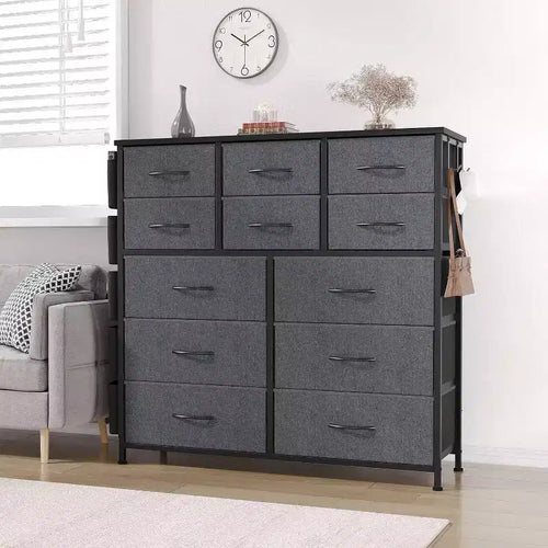 Commode à 12 tiroirs, tour de rangement haute en tissu avec plateau en bois, poches latérales et crochets, chiffonnier pour chambre, placard, couloir