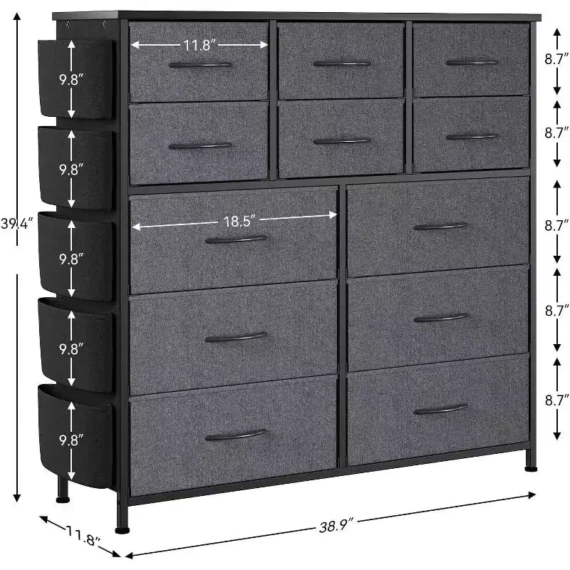 Commode à 12 tiroirs, tour de rangement haute en tissu avec plateau en bois, poches latérales et crochets, chiffonnier pour chambre, placard, couloir